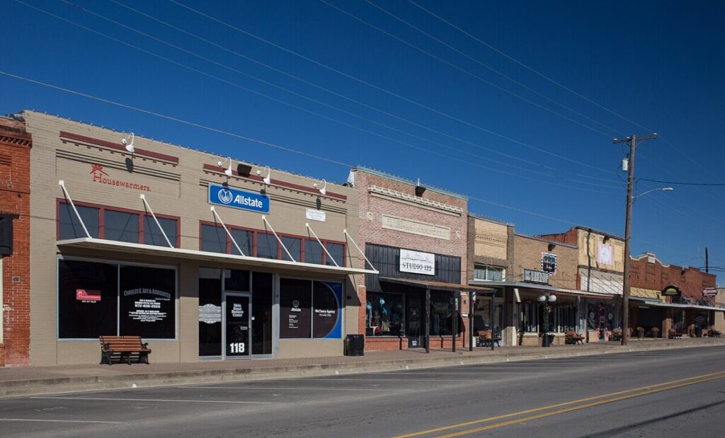 Downtown Royse City, TX shops on a sunny day